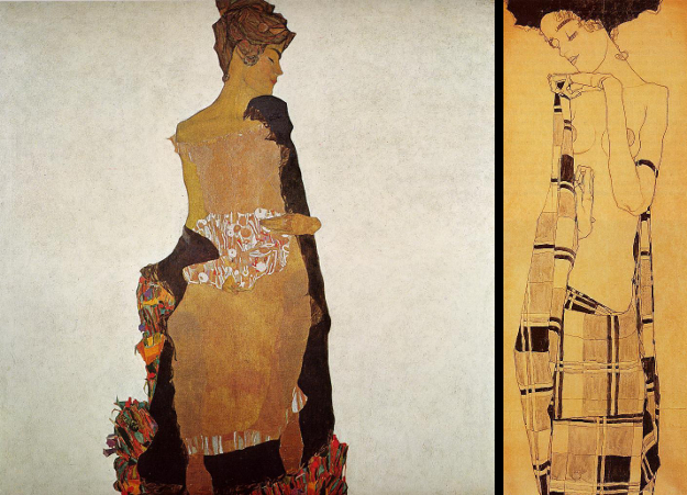 Left: Portrait of Gerti Schiele. Right: Standing Girl in a Plaid Garment. Both by Egon Schiele, 1909.