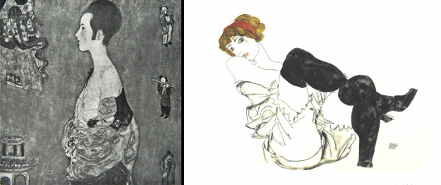 Left: Portrait of Wally, Gustav Klimt, 1916. Right: Woman in black stockings (Valerie Neuzil), Egon Schiele, 1913.