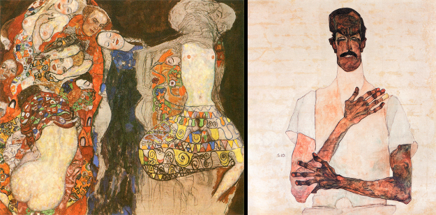 Left: The Bride, Klimt, 1917; Right: Portrait of Dr. Erwin von Graff, Schiele, 1910.