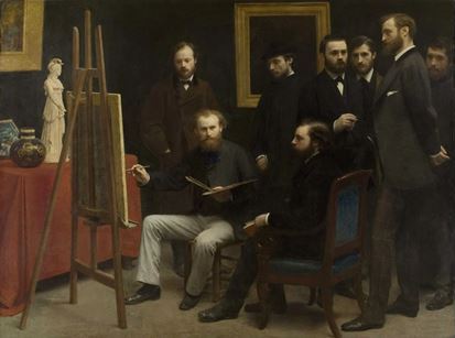 Fantin-Latour's <i>A Studio in the Batignolles</i> (1870). Bazille is the tall figure on the right with white handkerchief Fantin-Latour's <i>A Studio in the Batignolles</i> (1870). Bazille is the tall figure on the right with white handkerchief