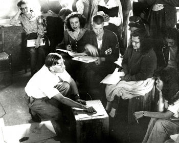 Josef Albers teaching his color-theory class with students Nancy Newhall, Ray Johnson, and Hazel Larsen Archer