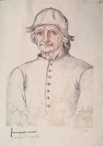 A drawing of Hieronymus Bosch that is attributed to Jacques Le Boucq– considered to be a copy of Bosch’s self portrait when he was around 60 years old.