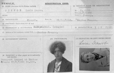 Claude Cahun's UK Registration card from her arrival in Jersey, showing her birth name, Lucie Schwob