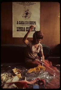 Lygia Clark in her studio working on <i>Arquitetura biológica II</i> (Biologic architecture II), Cité internationale des arts, Paris, 1969 (photo by Alécio de Andrade, courtesy Associação Cultural “O Mundo de Lygia Clark,” Rio de Janeiro)