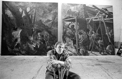 Jack Beal in 1977 with part of his mural