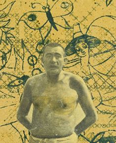 One of Hannah Höch's early photomontages <i>Heads of State</i> (1918-20) where the German statemen's photos are cut out and placed among a flowery, embroidered background