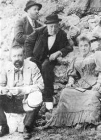 Gaudí (bottom left), his father (center), doctor, and niece Rosa at Montserrat, 1904