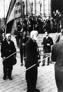 Gaudí participating in a religious procession on the Catholic feast day of Corpus Christi in Barcelona, 1924