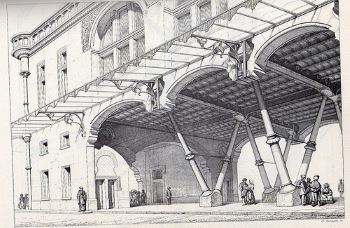 Eugène- Emmanuel Viollet-le-Duc's proposal for a masonry and iron building, 1863. The inclined columns would later inspire Guimard's design for the École de Sacré Coeur in Paris, his first major work