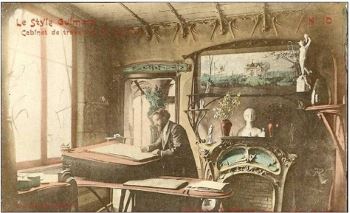 Postcard issued by Guimard (c 1903) showing him working in his studio in his apartment in the Castel Beranger, which he designed eight years before