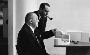Mies and Herbert Greenwald in Chicago examining a model of Lafayette Park for Detroit (1956)