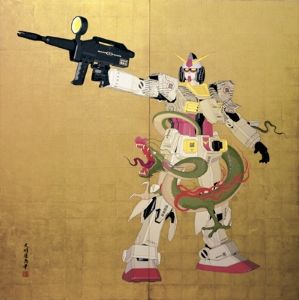 Hisashi Tenmyouya's <i>RX-78-2 Kabuki-mono</i> (2005) using a traditional format, a wooden diptych with gold leaf, exemplifies the artist's Neo-Nihonga style.