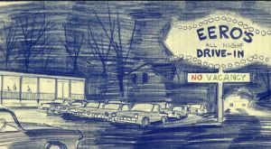 Cartoon by one of Eero Saarinen's employees poking fun of Saarinen's long hours at the office and the expectations of his staff