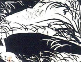Shikō Munakata's untitled print for the month of February, made for a 1956 calendar with twelve of his prints, used the <i>sumizuri-e</i> technique to show a lake surrounded by orchids.