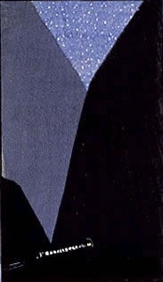 Fujimori Shizuo's <i>Nature and Life</i> (1914) from <i>Tsukuhae</i> depicts a train as a long rectangle of light going through a steep mountain range in a symbolic and near abstract treatment.