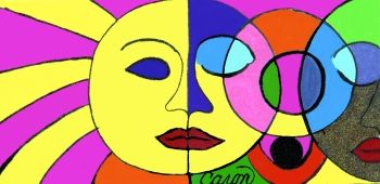 Carol Bowman's <i>Sunshine and Moon</i> (2004) is a SoFlo Superflat work that uses bold outlines and cartoonlike shapes to convey the feel of Miami culture.