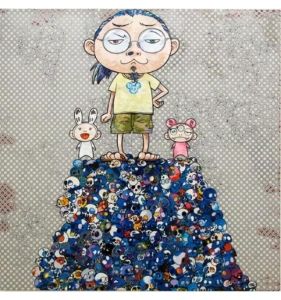 Murakami's <i>KaiKai Kiki & Me: On the Blue Mound of the Dead</i> (2009) is an ironic self-portrait showing two <i>kawaii</i> characters standing with him on a blue mound of skulls that he revisited in works like <i>Blue Flowers and Skulls</i> (2012).