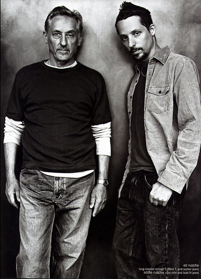 Ed Ruscha (left) and son, Eddie Ruscha (right), for Gap, 2002. Image via Ad Forum.