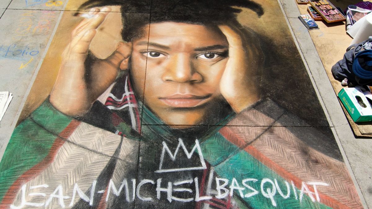 In just a few years, Basquiat became a star. He is revered to this day, as can be seen in this recreation of his famous portrait. Photo from the Pasadena Chalk Festival (2013).