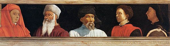 <i> خمسة رجال مشهورين </ i> لفنان غير معروف من القرن الخامس عشر - من اليسار: جيوتو وباولو أوشيلو ودوناتيلو وأنطونيو مانيتي وفيليبو برونليسكي.