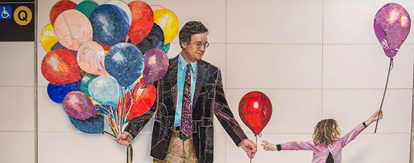 Glass mosaic of subway riders that Muniz envisioned, a work that is now publicly displayed at the 72nd street, 2nd Ave subway line in New York City.