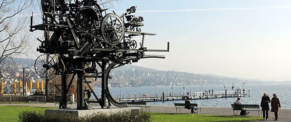 <i>Heureka</i> sculpture on the shores of Lake Zurich by Jean Tinguely in Switzerland