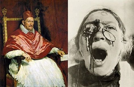 <i>Portrait of Innocent X</i> (c.1650) by Diego Velázquez and film still from <i>Battleship Potemkin</i> (1925) by Sergei Eisenstein. Both were very important for Bacon.