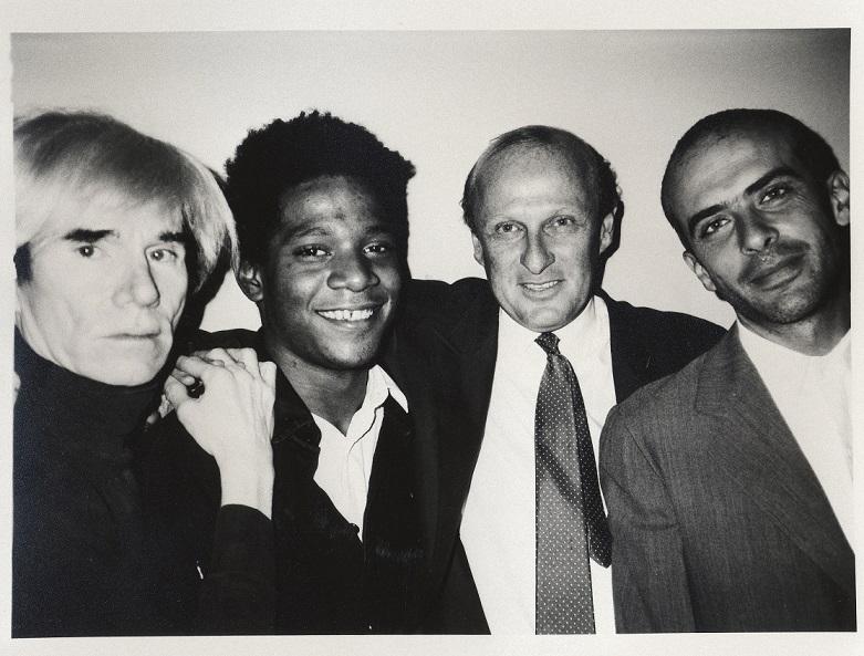 Andy Warhol, Jean-Michel Basquiat, Bruno Bischofberger, and Fransesco Clemente photographed in New York (1984)