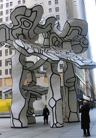 The outdoor sculpture <i>Group of Four Trees</i> installed in The Chase Manhattan Bank Plaza, New York City.