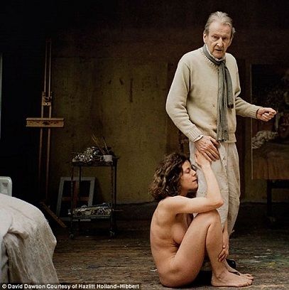 Lucian Freud poses with Alexi Williams Wynn, a young lover. A similar painting is entitled <i>The Painter Surprised</i>. Photograph by Freud's longtime assistant and photographer David Dawson Lucian Freud poses with Alexi Williams Wynn, a young lover. A similar painting is entitled <i>The Painter Surprised</i>. Photograph by Freud's longtime assistant and photographer David Dawson