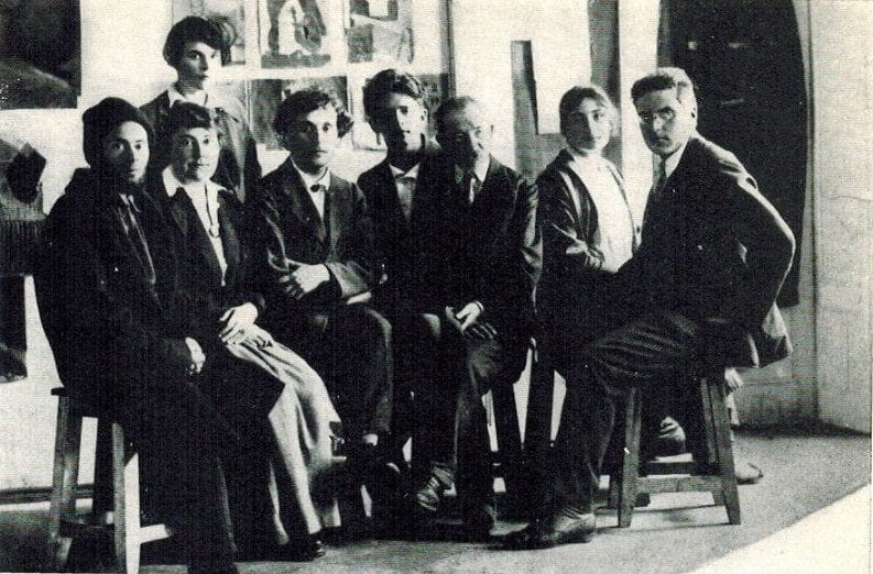 Professors at the People's Art School in Vitebsk (July 26, 1919). From left: El Lissitzky, Vera Ermolaeva, Marc Chagall, David Iakerson, Iouri Pen, Nina Kogan, Alexandre Romm.