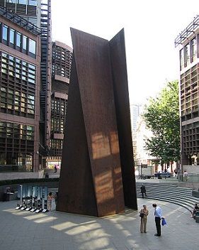 Fulcrum (1987) by Richard Serra, is a site specific, 55-foot sculpture commissioned for the west entrance to Liverpool Street station in the Broadgate complex, London