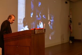 Vito Acconci lecturing at the Berkley Center for New Media