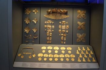 This collection of gold treasures, now in the collection of the National Archaeological Museum in Athens, was found in Grave III of Grace Circle A at Mycenae.