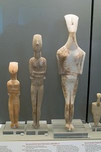 Examples of Cycladic carved stone figures found during excavations of the Cyclades islands. Most range in size from a few inches to about a foot in length, with the largest known example, reaching nearly six feet.