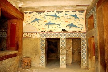 This elaborately detailed wall painting featuring dolphins and fishes, found in a space sometimes referred to as the Queen's room at Knossos, is typical of Minoan fresco design.
