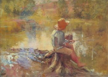 آدم إيموري أولبرايت <i> صيد السمك </ i> (1910).  تمرد إيفان (الذي ربما يكون الصبي في هذه اللوحة) فيما بعد على ما أسماه أسلوب والده "الجميل والجميل" في الرسم.