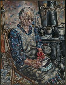 <i> The Farmer's Kitchen </i> (1933-1934) هي واحدة من لوحتين أنتجتهما أولبرايت كجزء من مشروع إلينوي للأعمال الفنية العامة.  استخدم أسلوبه المفصل للغاية للتأكيد على الخسائر التي ألحقتها الشيخوخة وسنوات العمل اليدوي بزوجة المزارع.