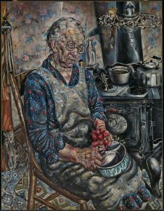 <i>The Farmer's Kitchen</i> (1933-34) is one of two paintings that Albright produced as part of the Illinois Public Works of Art Project. He used his highly detailed style to emphasize the toll that old age and years of manual labor have taken on the farmer's wife.
