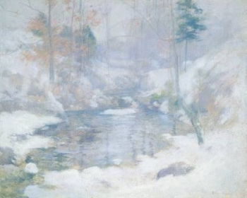 John Twatchman's <i>Winter Harmony</i> (c. 1890/1900) was one of multiple depictions of his farm near Greenwich, Connecticut. Like Monet, Twatchman painted scenes paying attention to the effects of light and color.