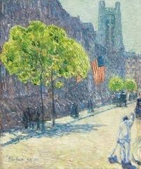 Childe Hassam's <i>Just Off the Avenue, Fifty-third Street</i> (1916) shows an American setting, in the Impressionist Style