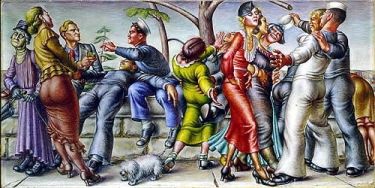Paul Cadmus <i>The Fleet's In!</i> (1934) is typical of the artist's stylistic combination of satire and eroticism. The painting was criticized for originating from the “sordid, depraved imagination of someone who has no conception of actual conditions in our service”.