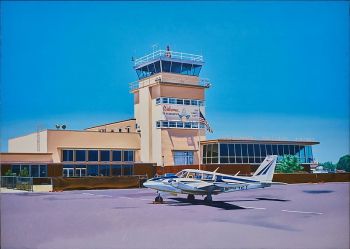 Ralph Goings <i>Sacramento Airport</i> (1970). Goings developed an aesthetic whereby he took personal slides, and projected the image onto a canvas to trace. His subject matter came from an array of Americana: trucks and gas stations, diners and their interiors, producing perfect paintings that looked identical to photographs.