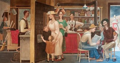 Doris Lee, <i>General Store and Post Office</i> (1938). The post office/general store was the cornerstone of rural community life. Lee's front and behind scenes tableau drew on the traditions of American folk art. Her Regionalist painting amounted to a paean to the simple quality of rural life.
