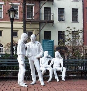 George Segal's <i>Gay Liberation</i> (1980). Segal's sculpture close to the Stonewall Inn (bar) convey a sense of urban transit and isolation.