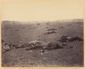 Timothy O'Sullivan, <i>A Harvest of Death</i> (July 4, 1863) shows the dead on the battlefield of Gettysburg, Pennsylvania. Matthew Brady's 1862 exhibition The Dead of Antietam at his New York Gallery was the first time the realities of war were seen by the general public.