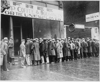 The National Archives and Records Administration's photograph <i>Unemployed men queued outside a depression soup kitchen opened in Chicago by Al Capone</i> (1931) captures a scene common in American cities during the Depression.