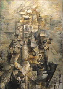 In Braque's <i>Man with a Guitar Céret</i>, (1911-1912) various real details - six lines, a round circle, and a musical scroll - make the subject recognizable.