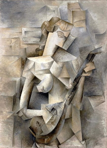 Left unfinished, Pablo Picasso's <i>Girl with a Mandolin (Fanny Tellier)</i> (1910) is a transitional work between early Cubism and Analytic Cubism.