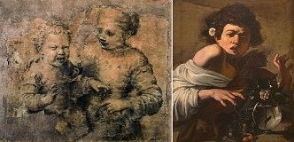 إلى اليمين: <i> فتى كارافاجيو لدغته سحلية </ i> (1594-95) إلى اليسار: رسم أنجيسولا <i> صبي عضه جراد البحر </ i> (1554)